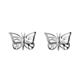 Butterfly-shaped silver earrings on a white background